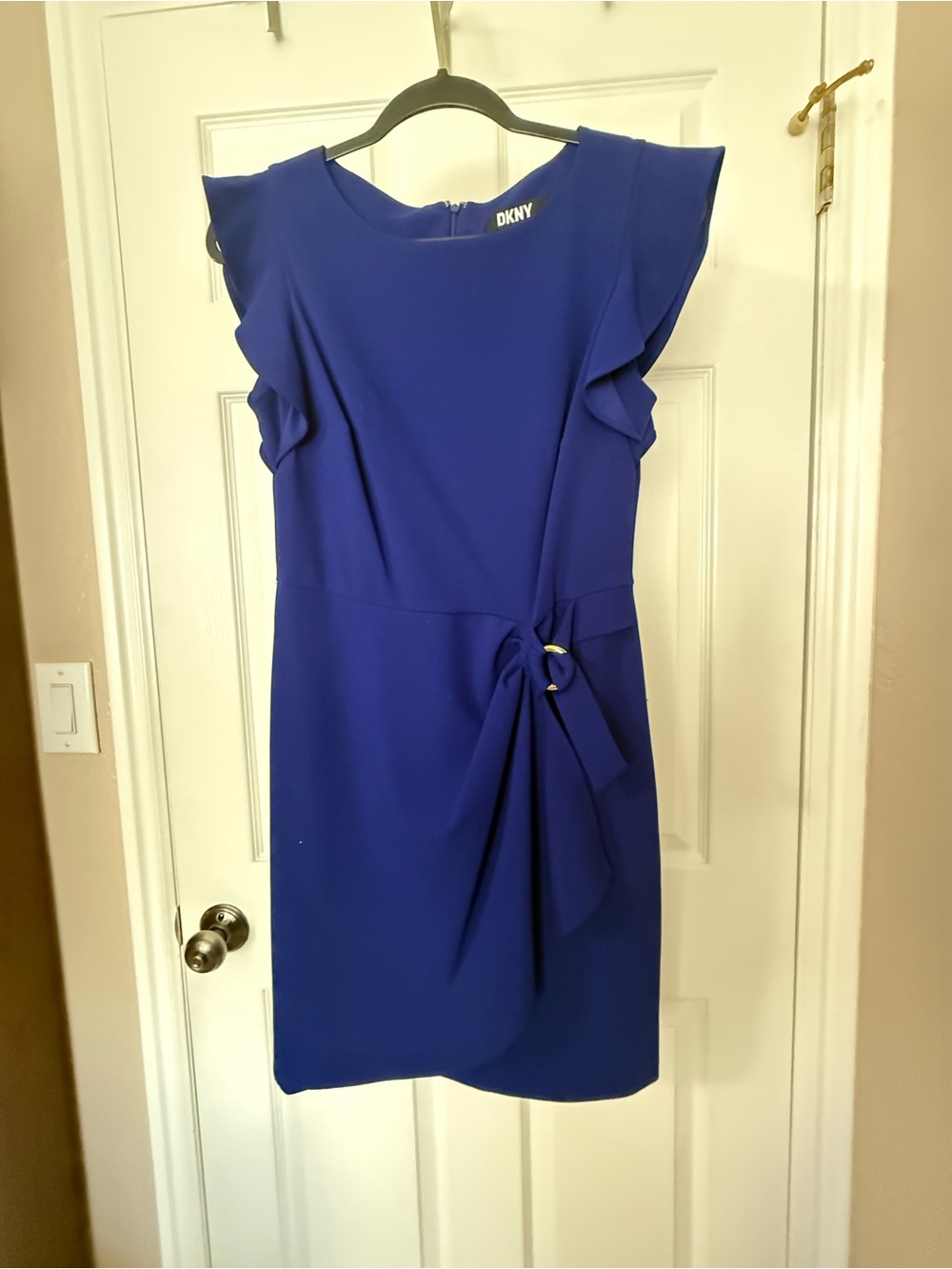 DKNY Cobalt Blue Sheath Dress with Ruffle Sleeves and Side Knot